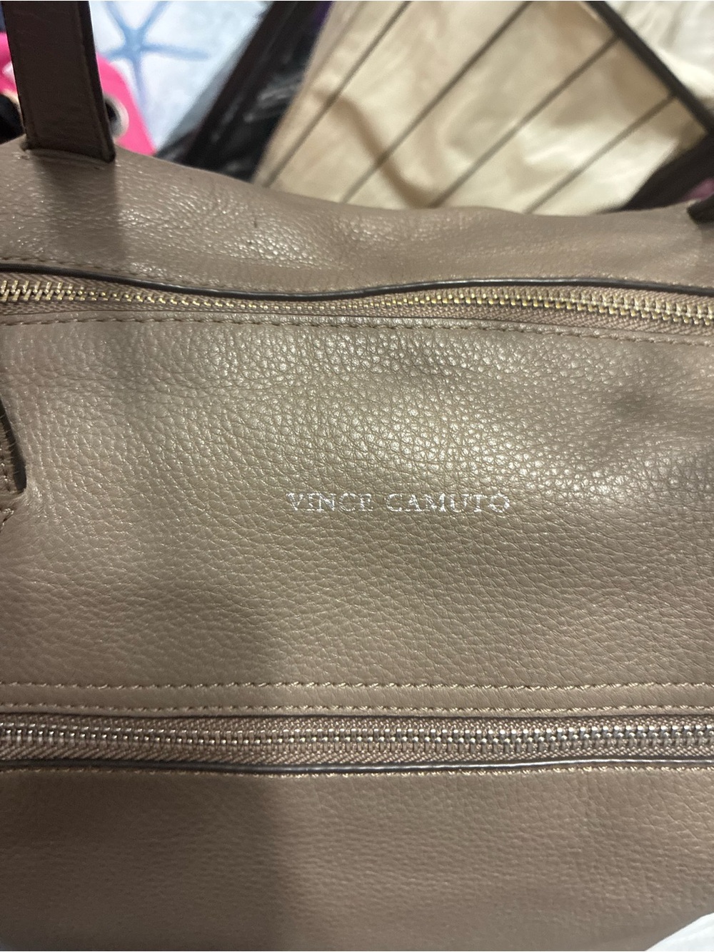 Vince Camuto Pebbled Taupe Leather Shoulder Tote